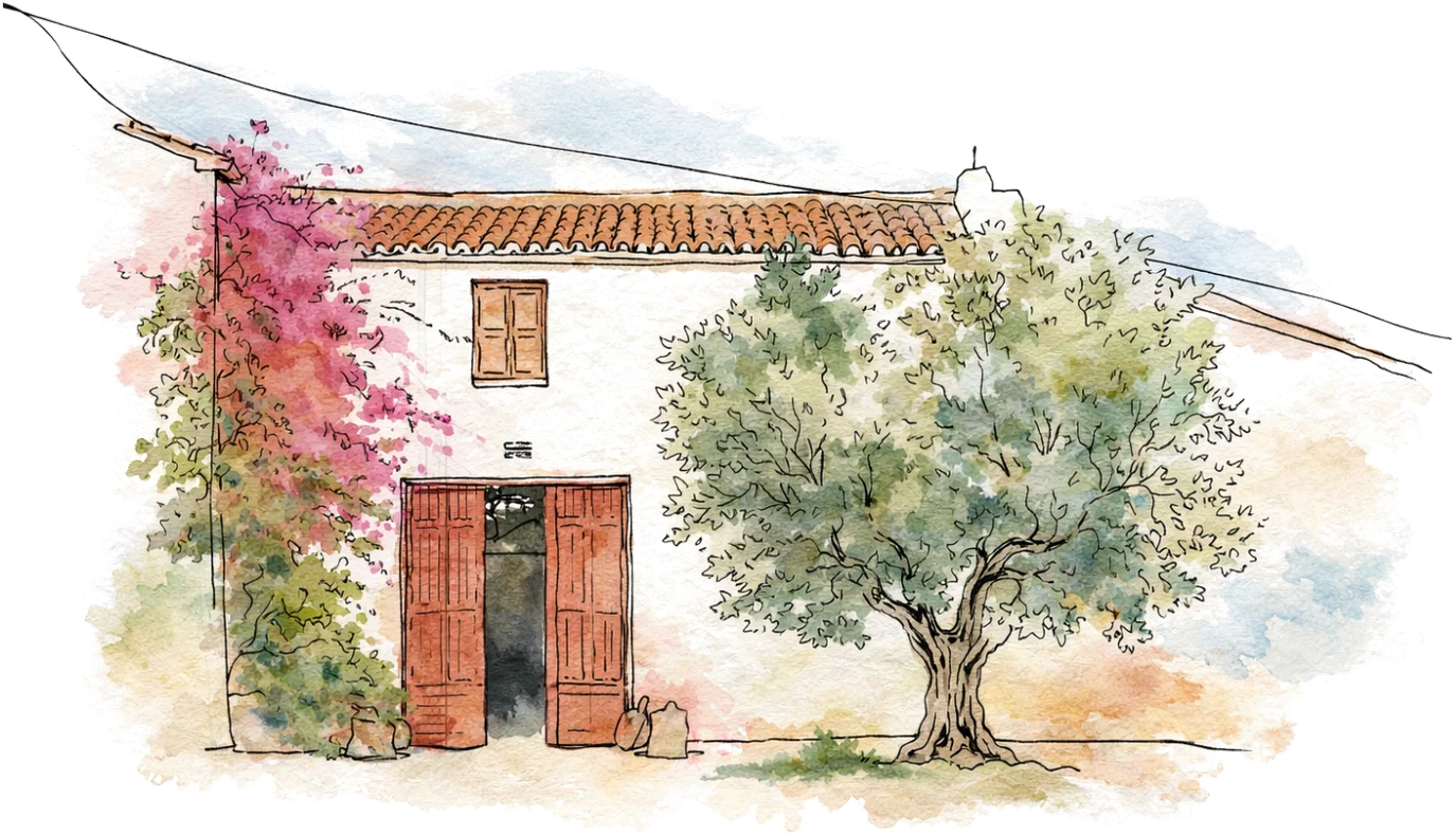 Acuarela de Masía Niñerola, con su fachada mediterránea y un olivo